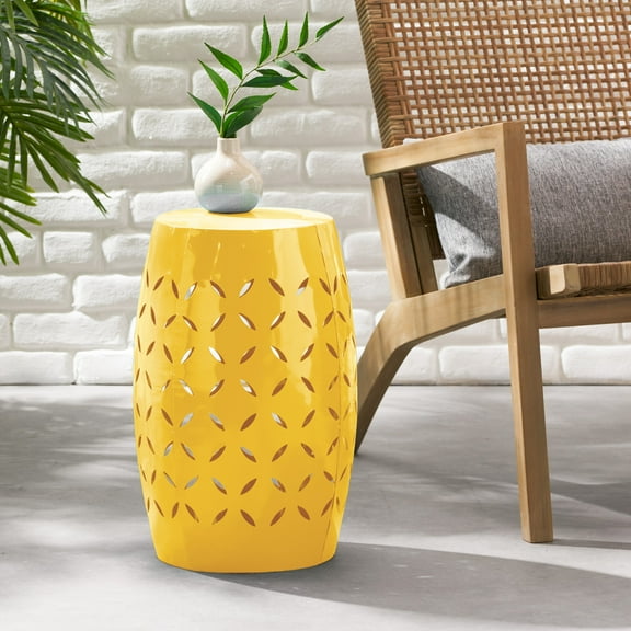 Christopher Knight Home 12" Outdoor Iron Side Table, All-Metal Barrel Accent Patio End Table, Yellow