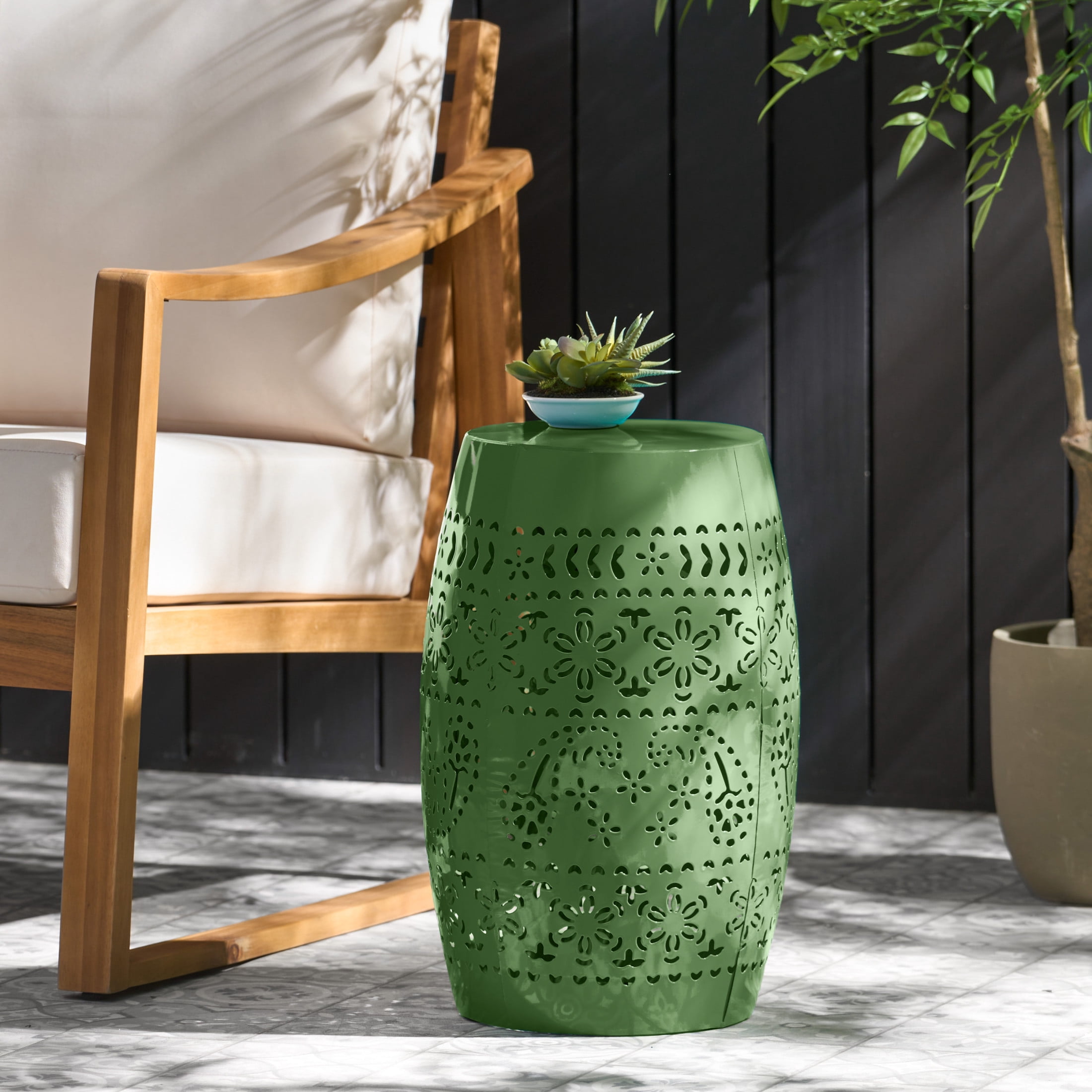 Christopher Knight Home 12" Outdoor Lace-Cut Iron Side Table, Decorative Barrel Accent Patio Table, Green
