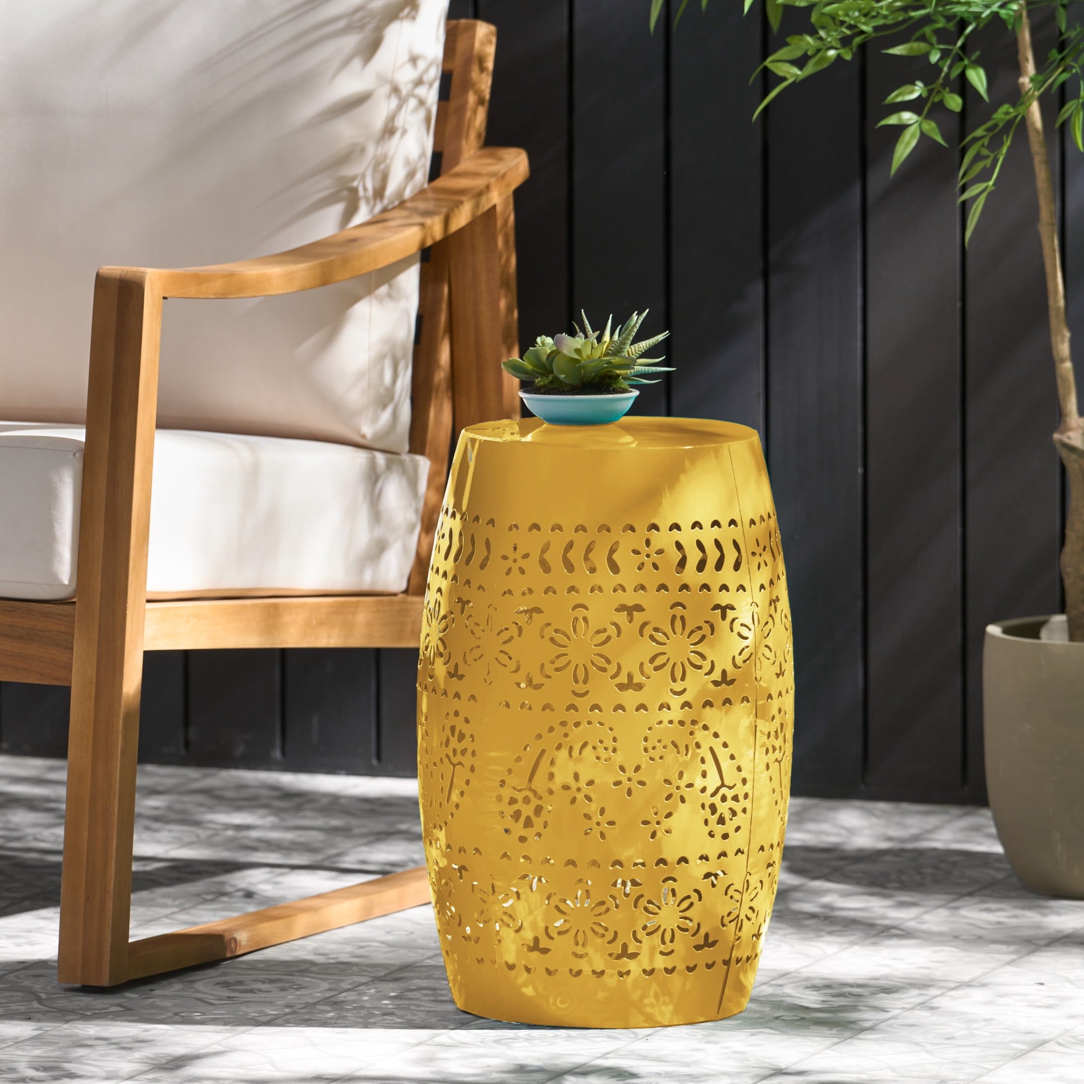 Christopher Knight Home 12" Outdoor Lace-Cut Iron Side Table, Decorative Barrel Accent Patio Table, Yellow