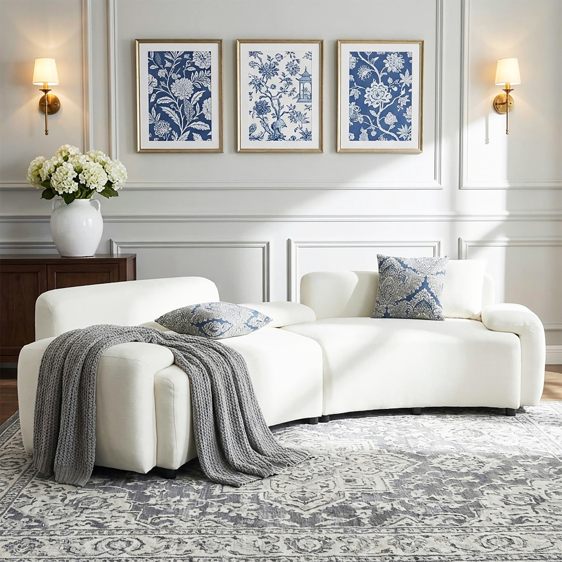 Christopher Knight Home 122" Curved 4-Seat Sofa with Damask Pillows, Upholstered Fabric Couch, Beige