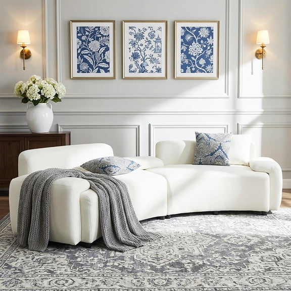 Christopher Knight Home 122" Curved 4-Seat Sofa with Damask Pillows, Upholstered Fabric Couch, Beige