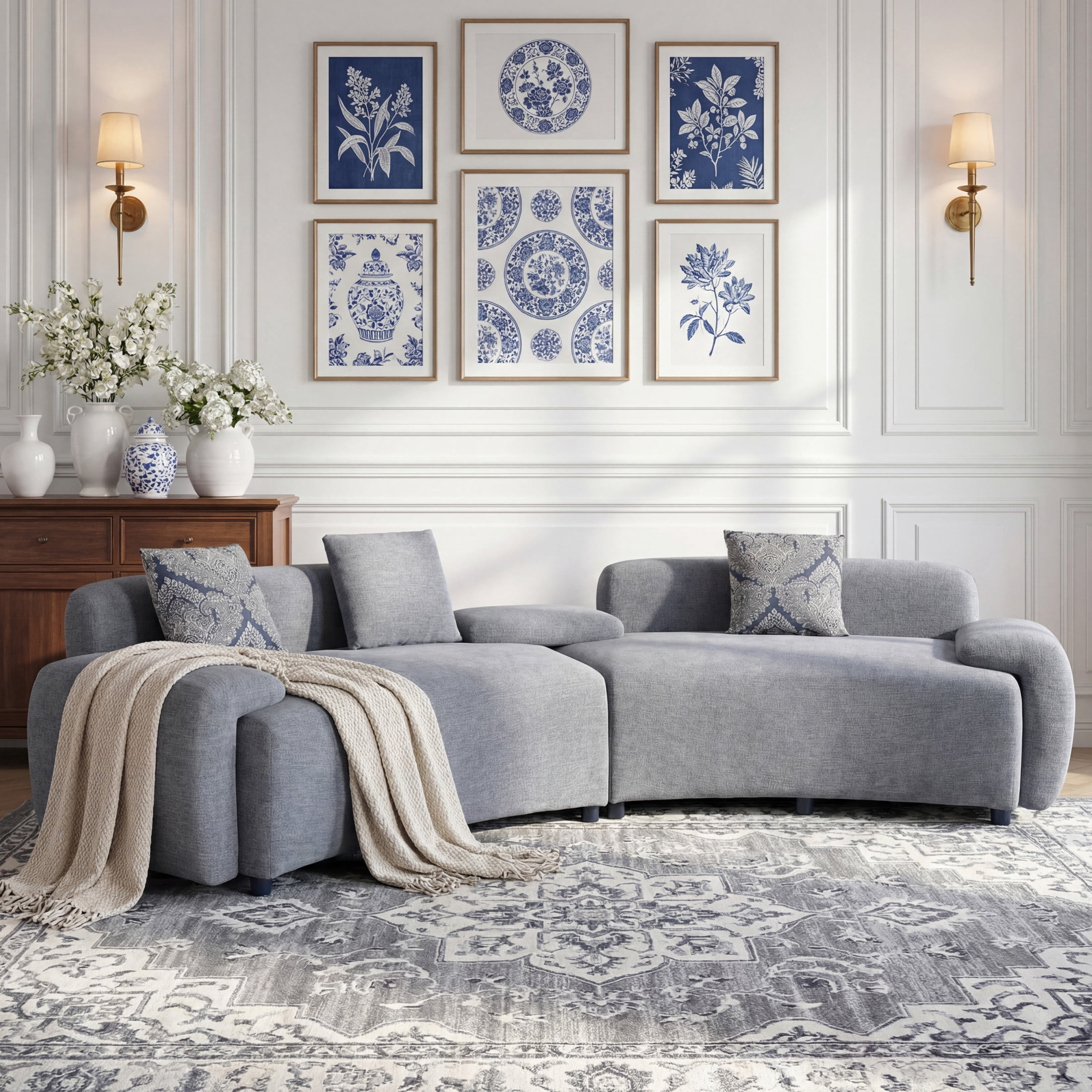 Christopher Knight Home 122" Curved 4-Seat Sofa with Damask Pillows, Upholstered Fabric Couch, Gray