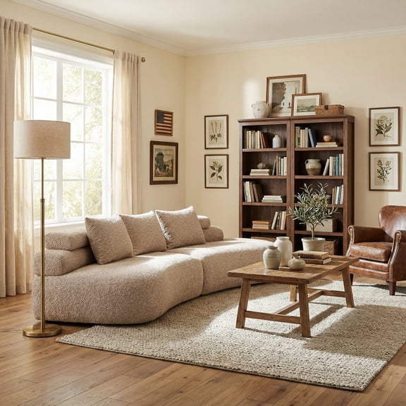 Christopher Knight Home 122” Curved 4-Seater Sectional Sofa, Fabric Modular Couch, Almond