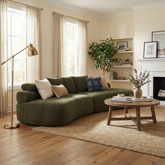 Christopher Knight Home 122” Curved 4-Seater Sectional Sofa, Fabric Modular Couch, Olive Green