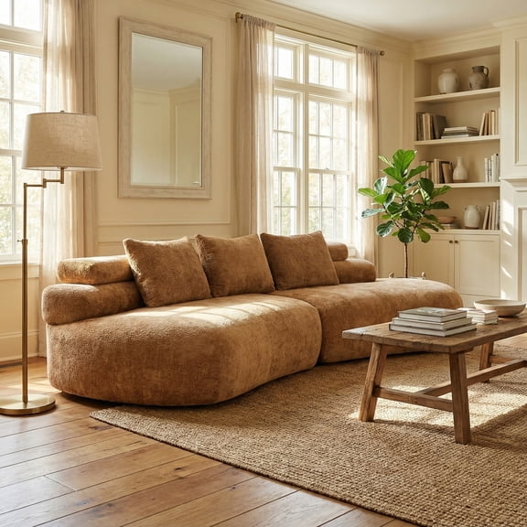 Christopher Knight Home 122” Curved 4-Seater Sectional Sofa, Fabric Modular Couch, Pumpkin Yellow