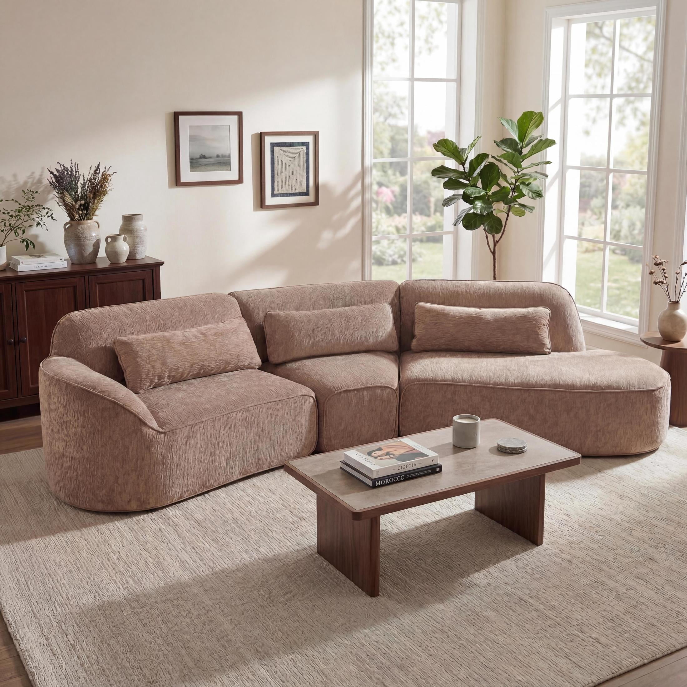 Christopher Knight Home 123" Modern Curved Compressed Sectional Sofa, 4 Seats Modular Couch, Light Brown