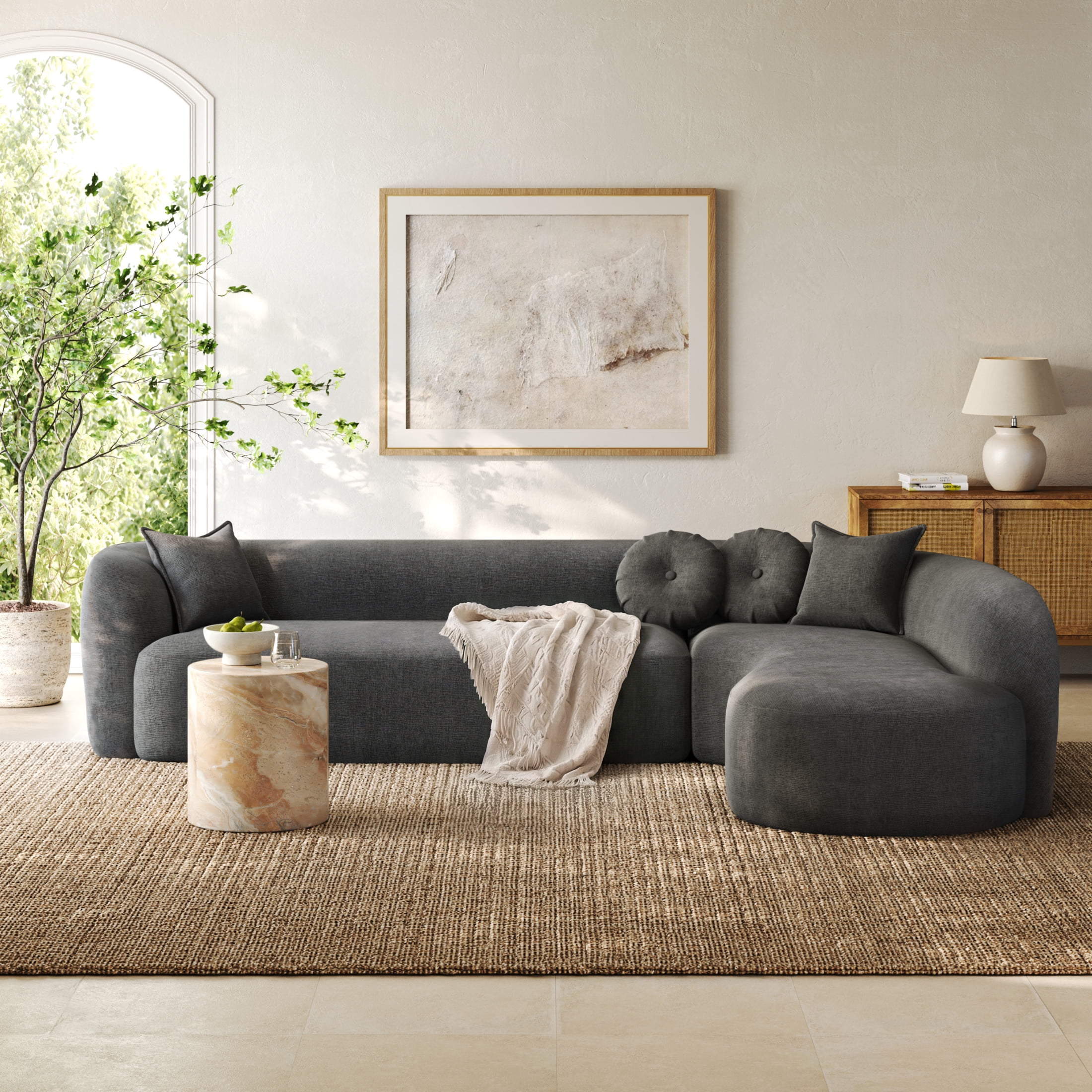 Christopher Knight Home 128" Modern Curved L-Shaped Chenille Sectional Sofa with Chaise, Charcoal Gray