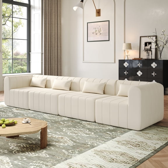 Christopher Knight Home 145.5" Modular Sectional Sofa, 4-Piece Upholstered Full-Compressed Foam Couch, Beige