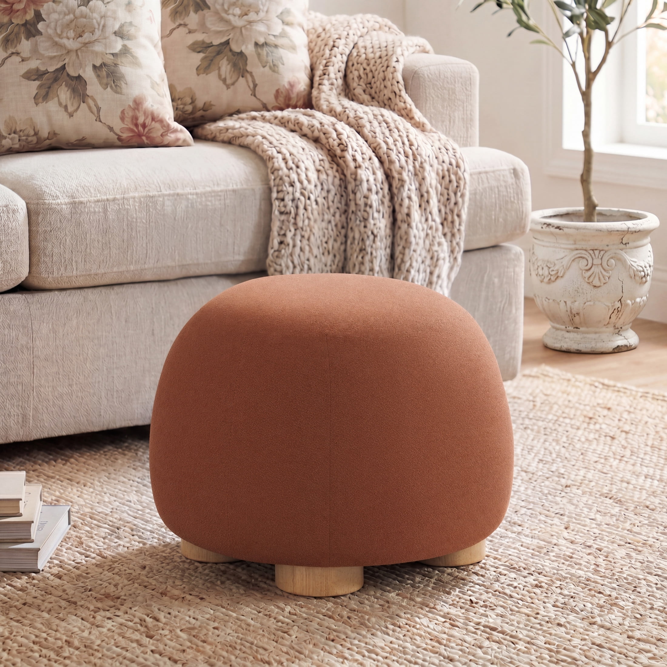 Christopher Knight Home 15.15" H Upholstered Round Accent Ottoman, Solid Wood Legs, Rust