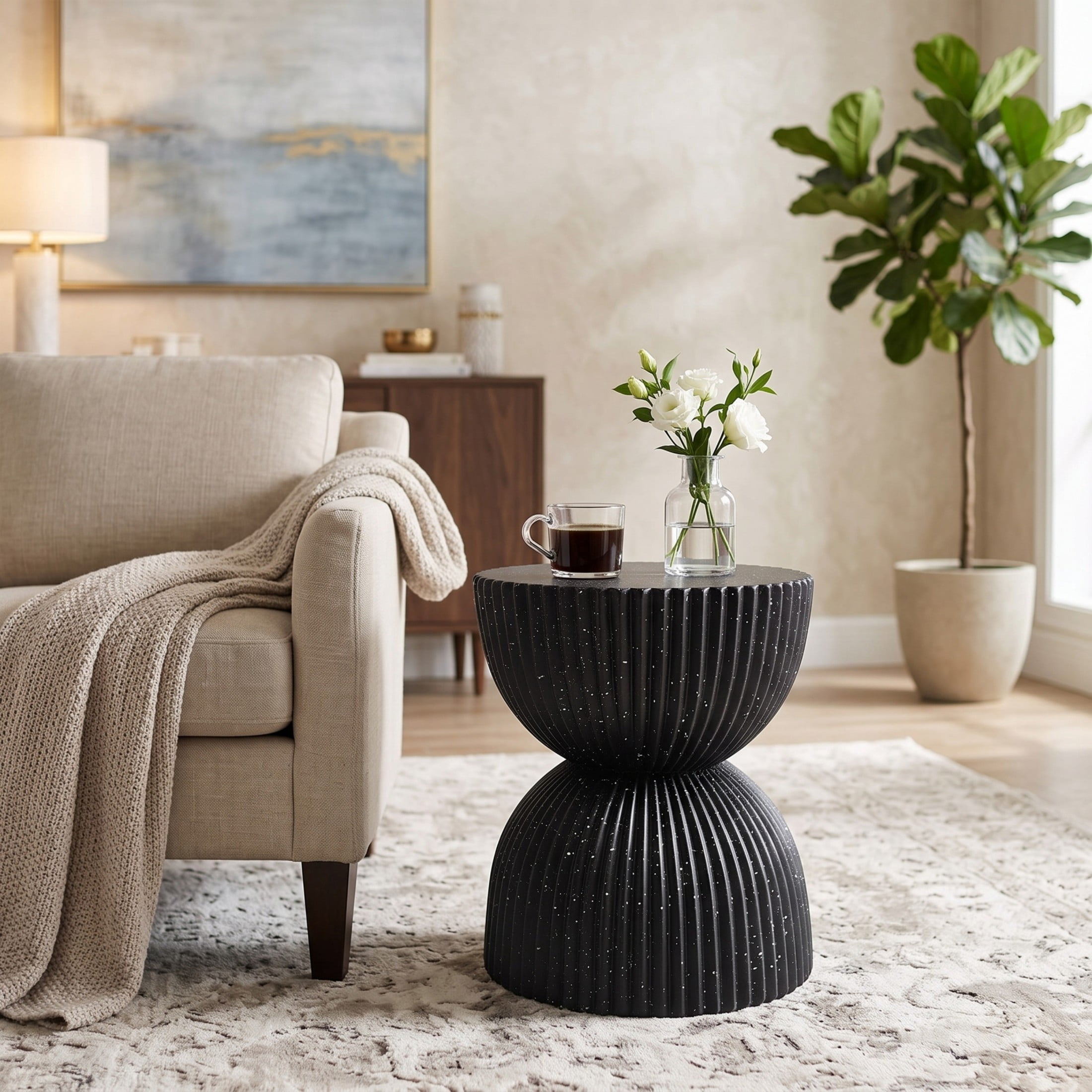 Christopher Knight Home 15.36" Modern Ribbed Hourglass MGO Side Table, Outdoor Indoor Use, Black