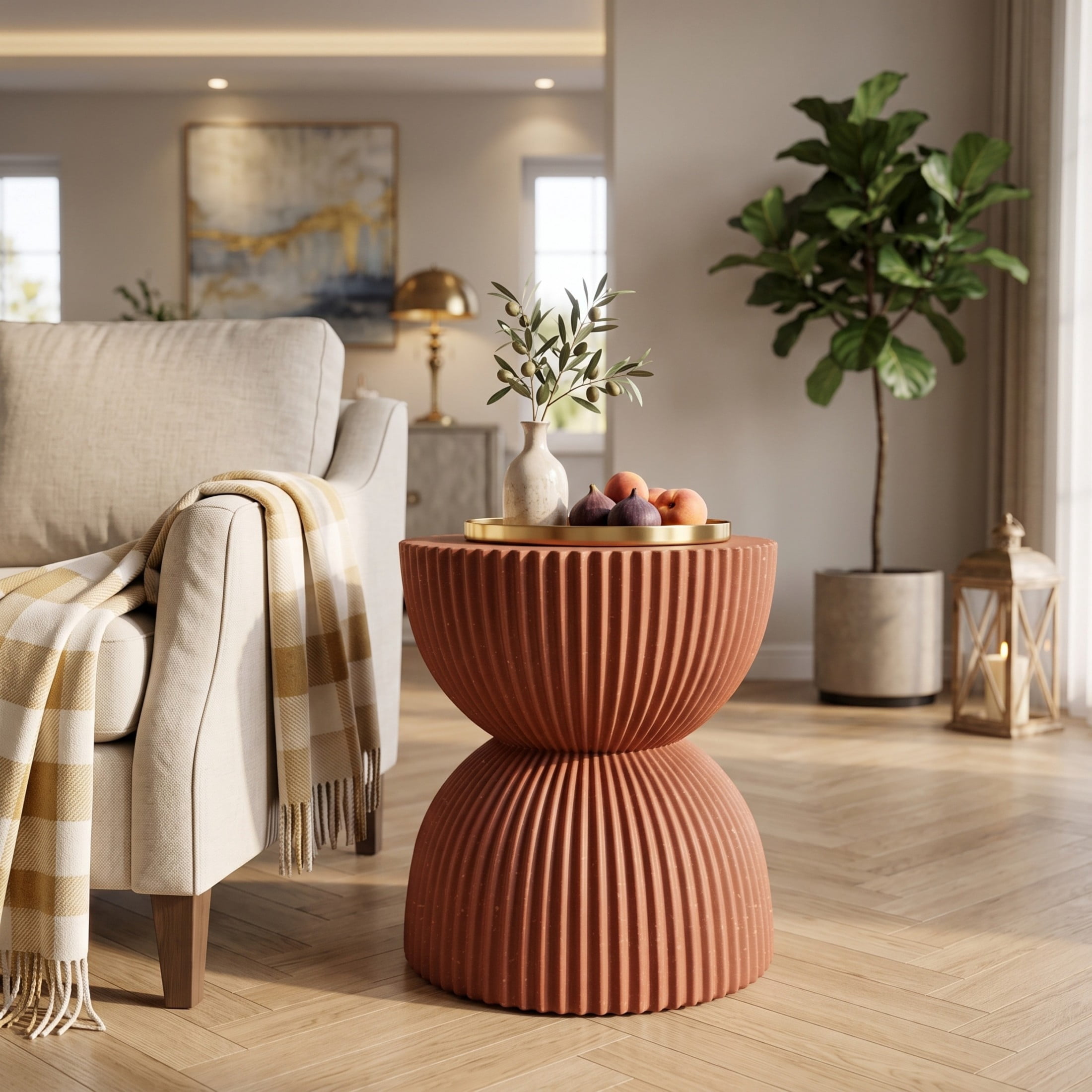 Christopher Knight Home 15.37" Modern Ribbed Hourglass MGO Side Table, Outdoor Indoor Use, Terracotta