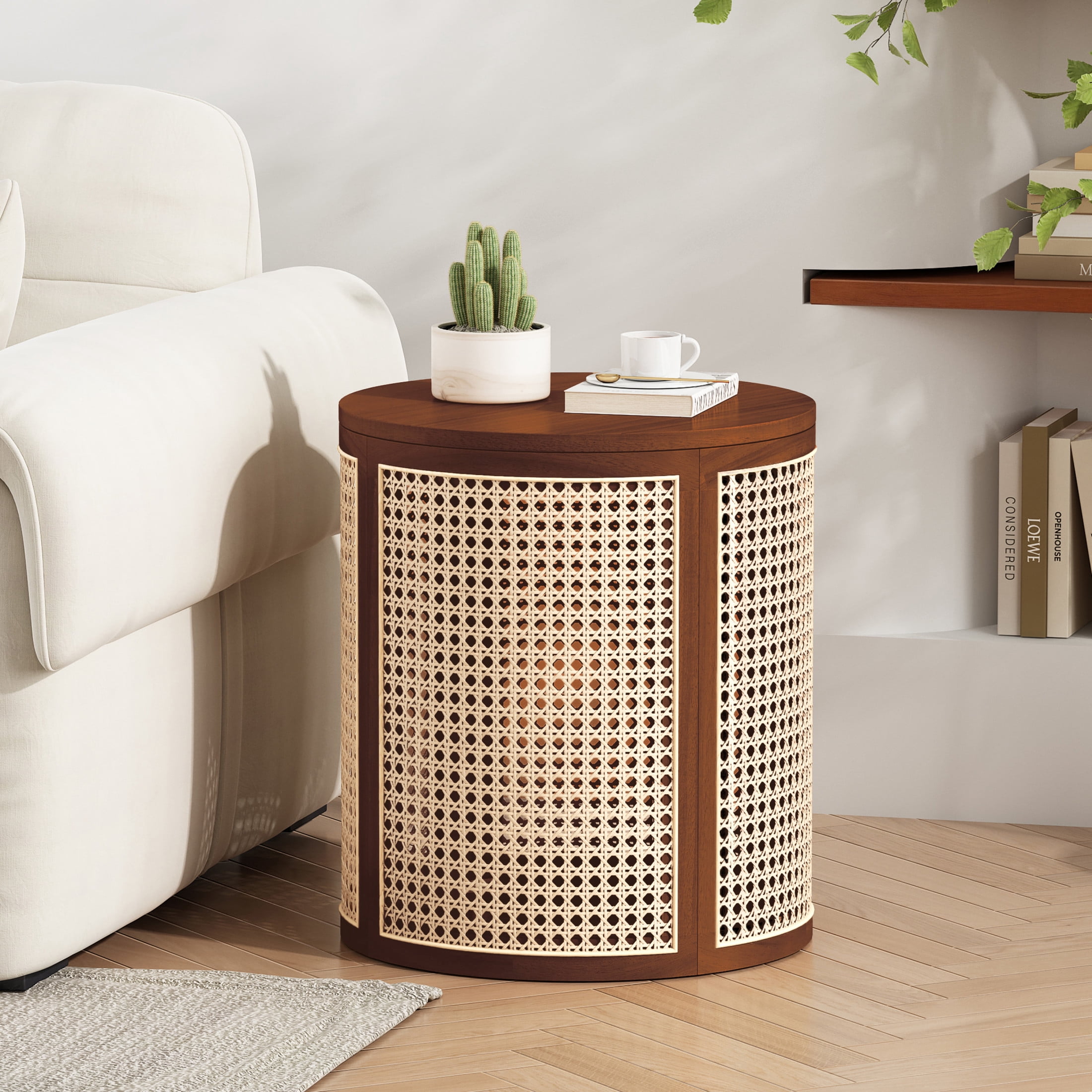 Christopher Knight Home 15.7" Round End Table, Hollow Woven Rattan Side Table, Wood Frame, Dark Brown