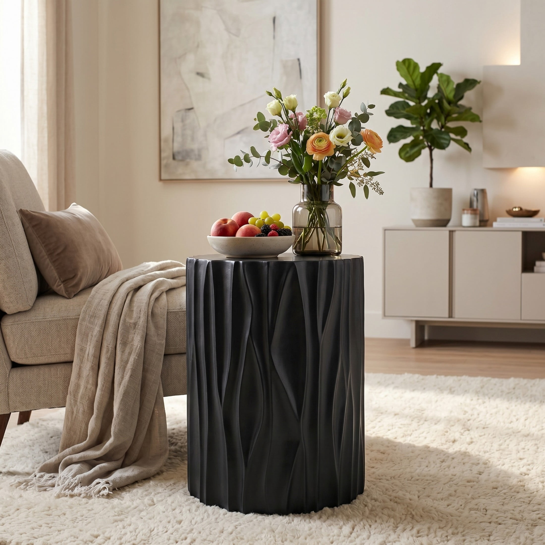 Christopher Knight Home 15.75" MGO Side Table, Wave Textured Accent End Table for Indoor & Outdoor, Black