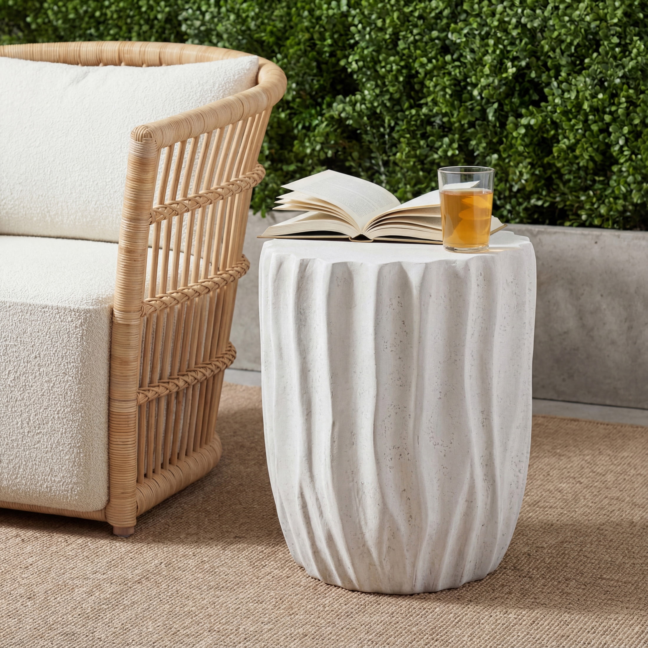 Christopher Knight Home 15.75” Outdoor Ribbed Barrel Side Table, MGO Accent Table, Antique White