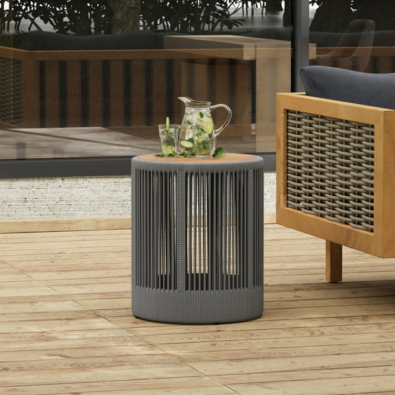 Christopher Knight Home 15" Round Side Table, Acacia Wood Top with Rope & Iron Base, Grey