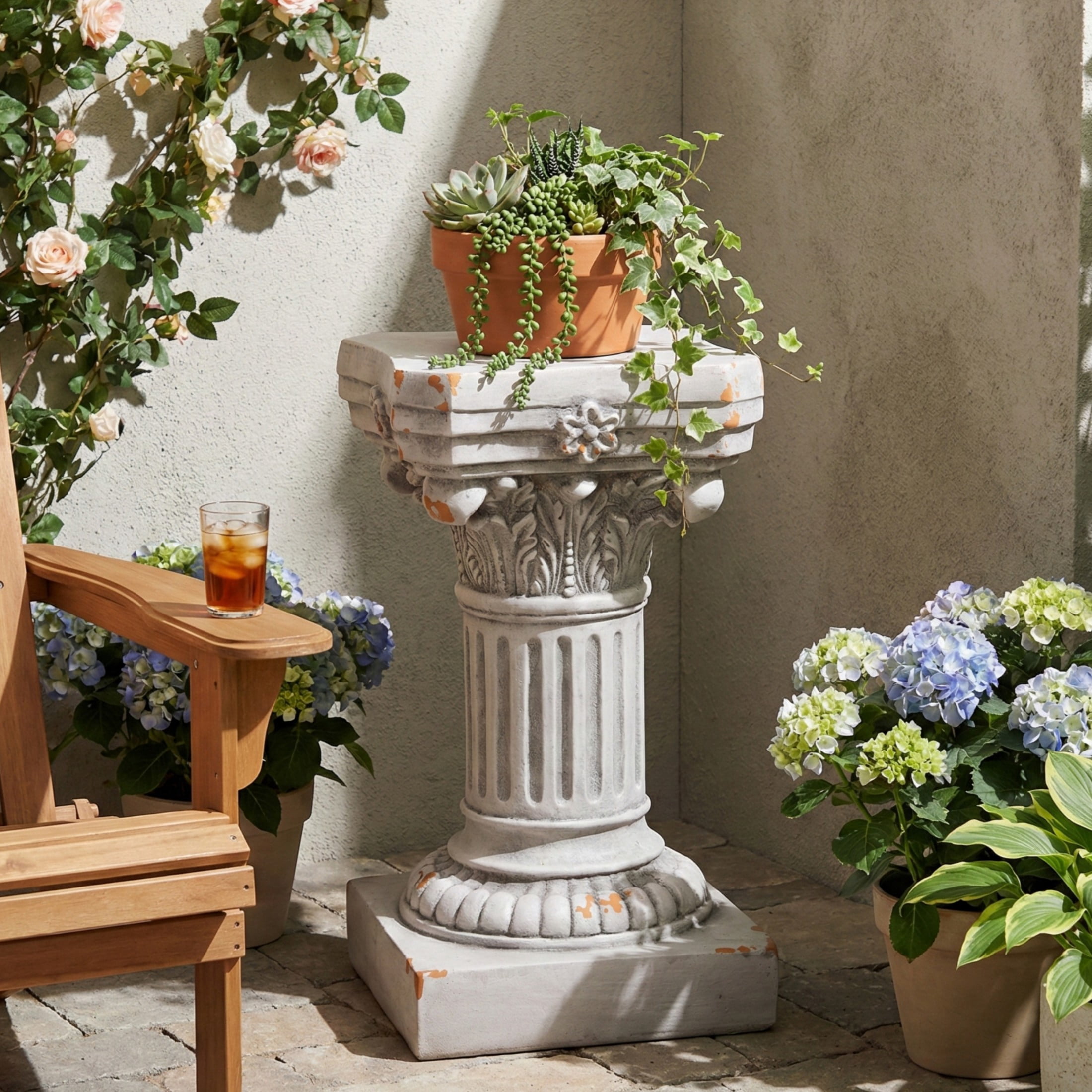 Christopher Knight Home 16.7" Corinthian Pedestal Plant Stand, MGO Indoor Outdoor Side Table, Antique White