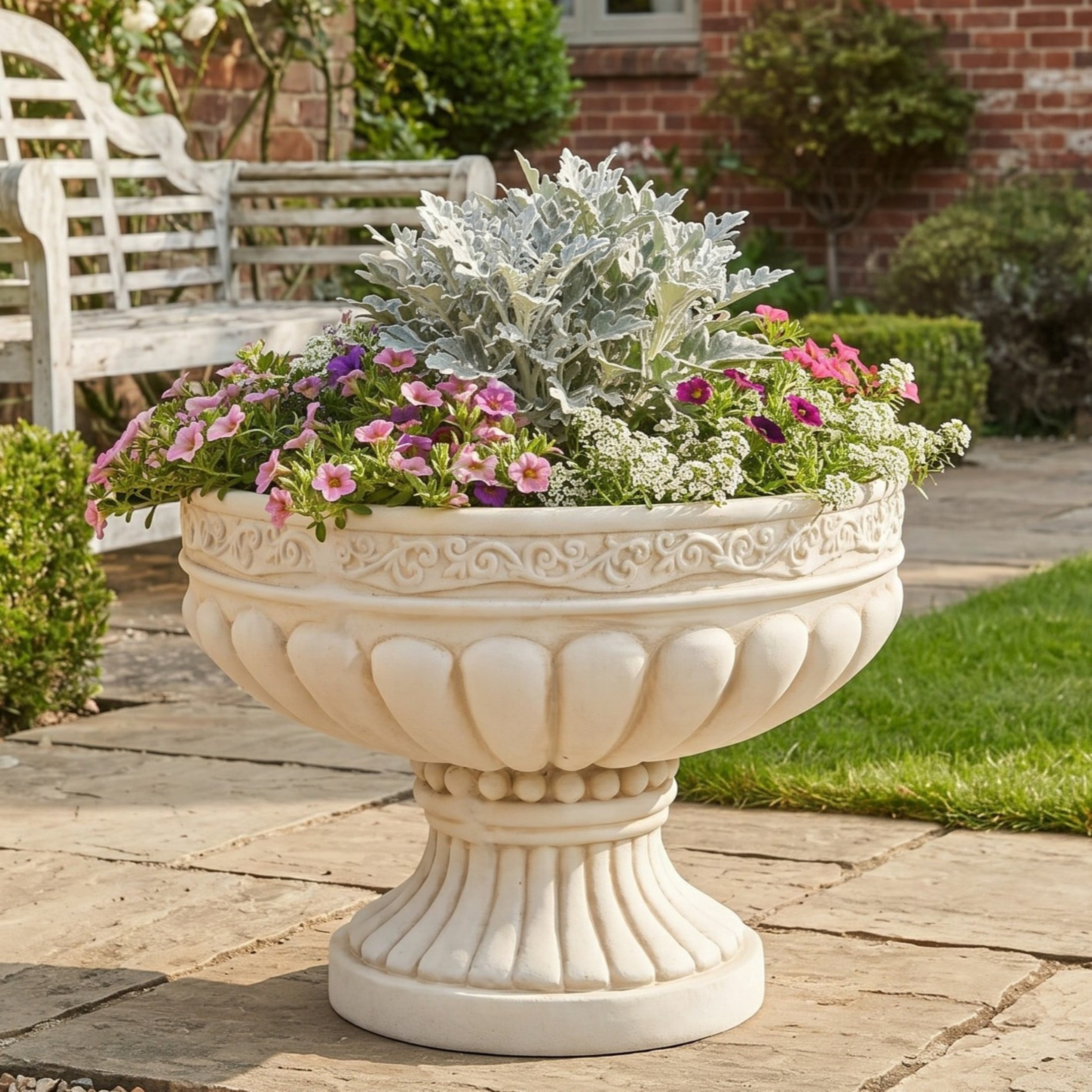 Christopher Knight Home 16" Classical Scroll Fluted Urn Planter, Lightweight Flower Pot, Antique White