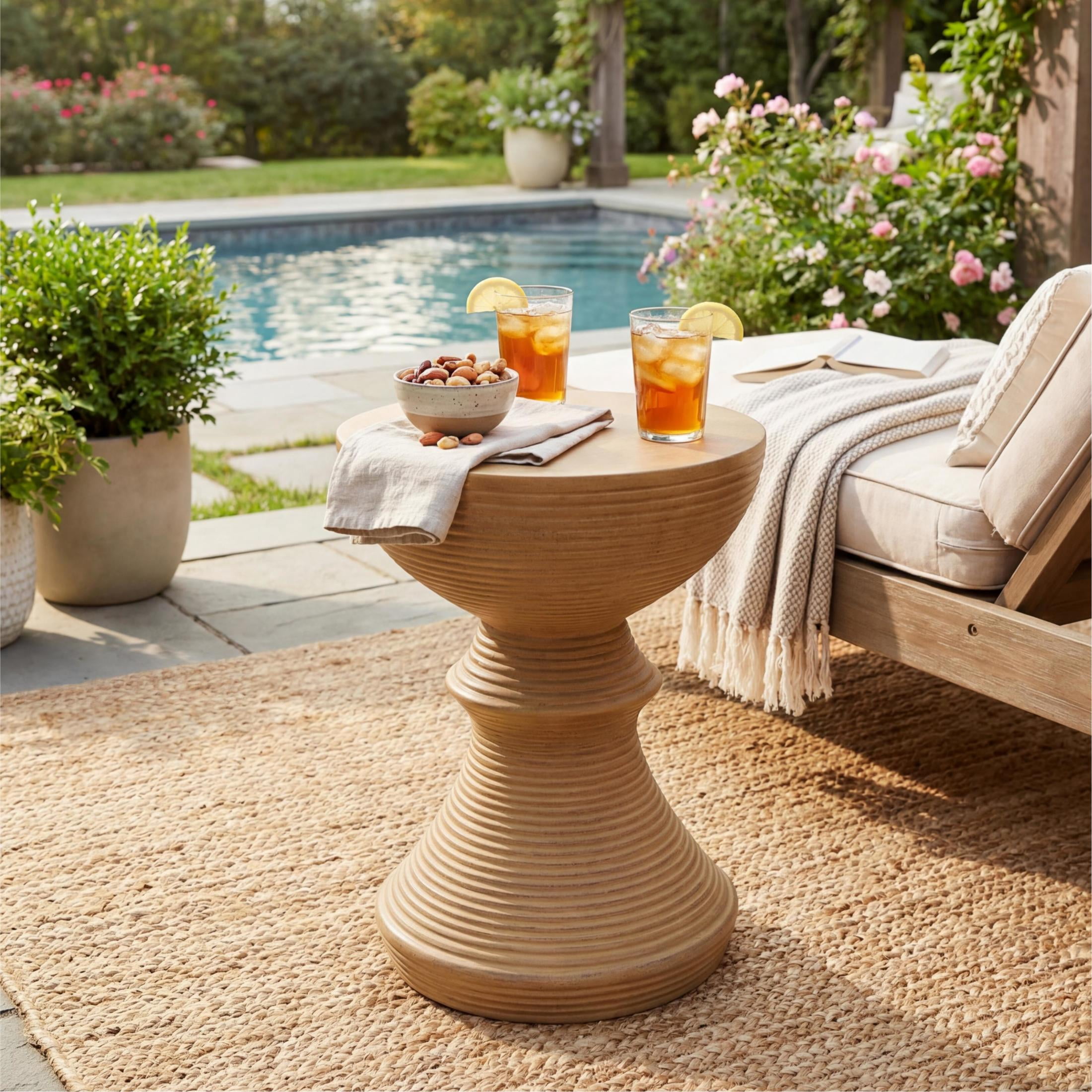 Christopher Knight Home 16" Outdoor Lightweight Concrete Ribbed Hourglass Accent Side Table, Natural