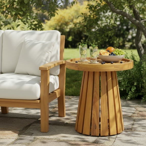 Christopher Knight Home 17" Outdoor Acacia Wood Round Slatted Side Table, Teak Finish