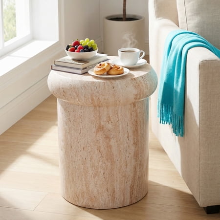 Christopher Knight Home 18.1" Modern MGO Sculptural Round Side Table, Beige Marble Travertine Finish