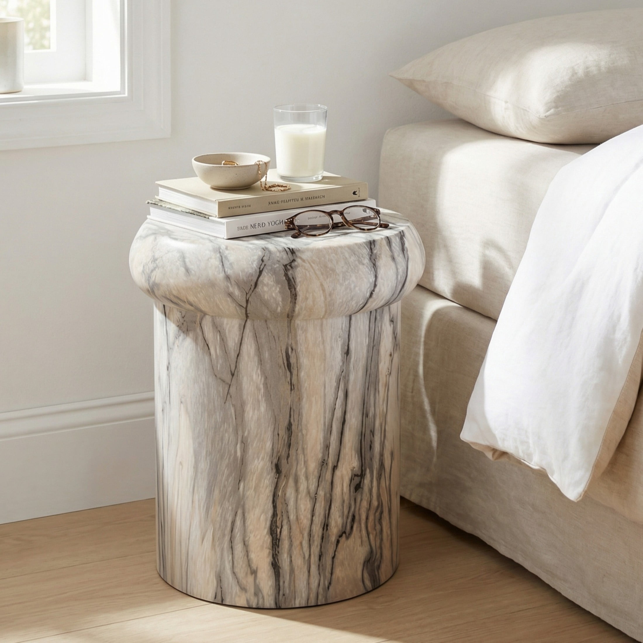 Christopher Knight Home 18.1" Modern MGO Sculptural Round Side Table, Natural Ink Marble Travertine Finish