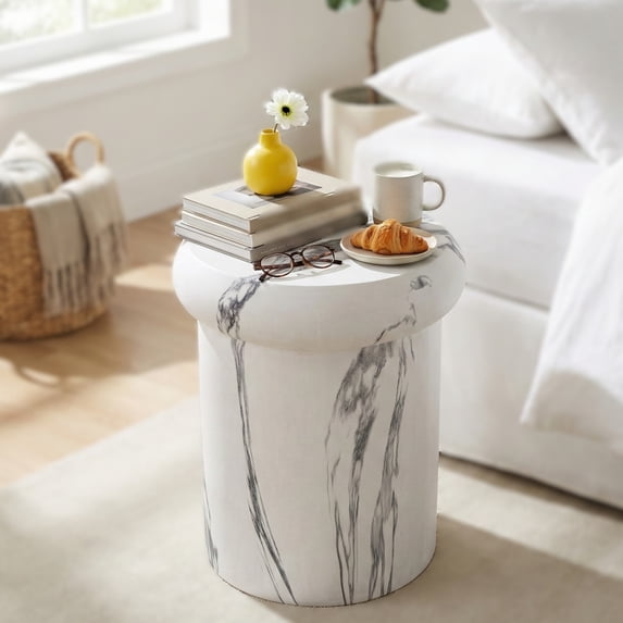 Christopher Knight Home 18.1" Modern MGO Sculptural Round Side Table, White Marble Travertine Finish