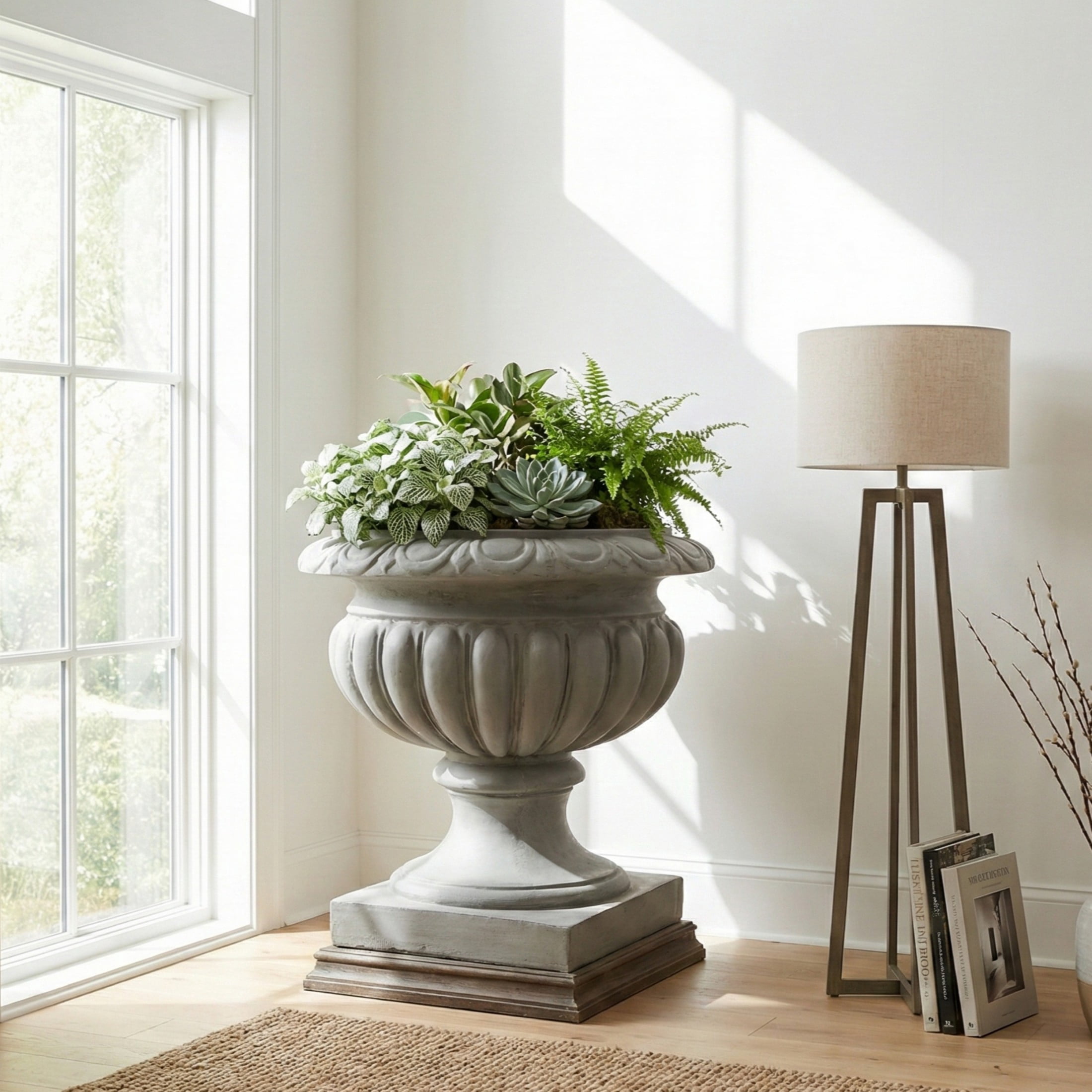 Christopher Knight Home 18.11" Pedestal Urn Planter, MGO Flower Pot with Scrollwork, Gray