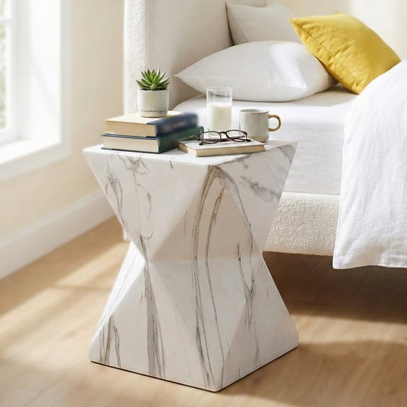 Christopher Knight Home 18.5" Lightweight Concrete Geometric Hourglass Accent Side Table, White Marble