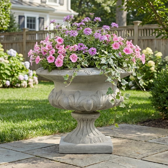 Christopher Knight Home 18.5" Outdoor MGO Vintage Wide Floral Carved Pedestal Flower Pot, Gray