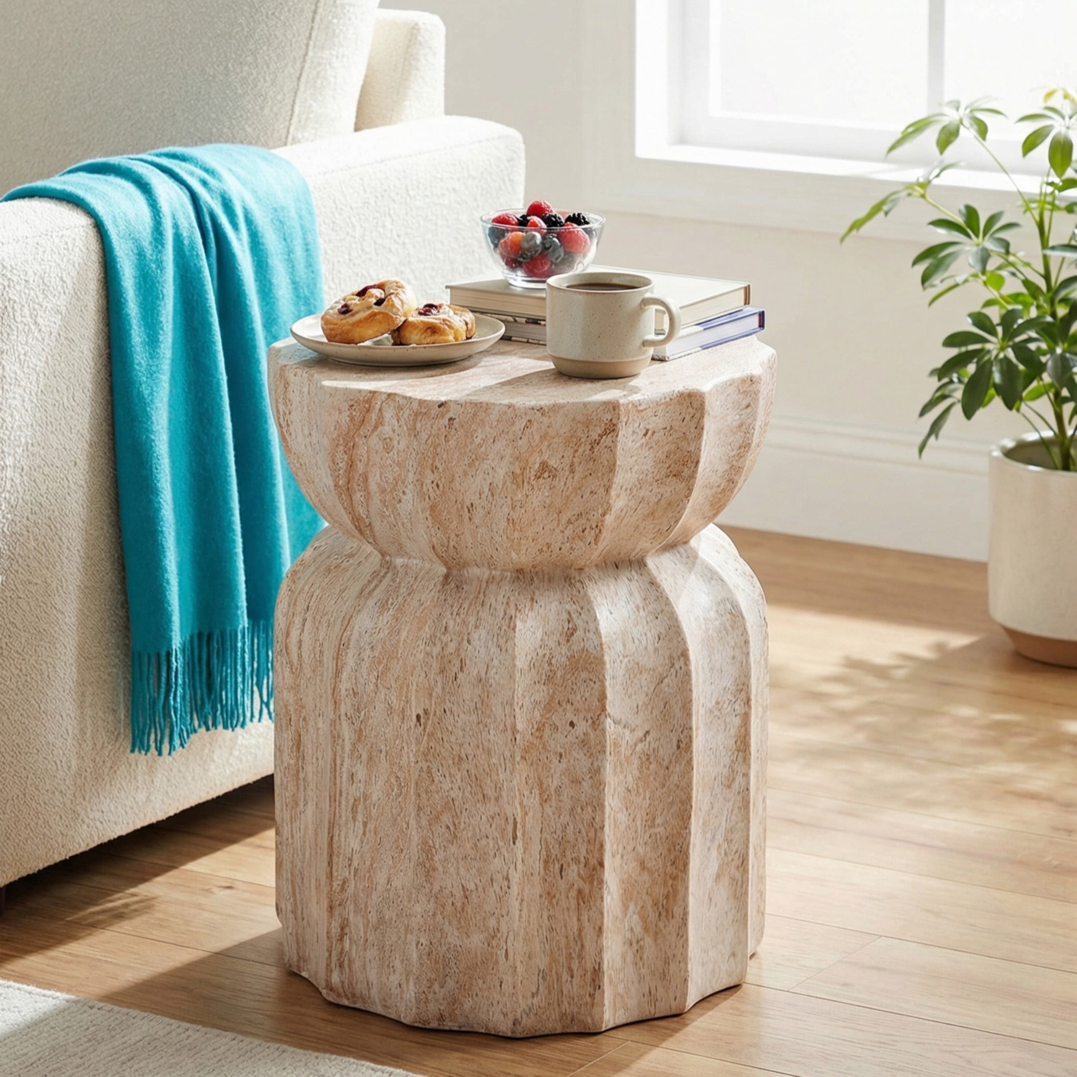 Christopher Knight Home 18.9" Lightweight Concrete Fluted Hourglass Accent Side Table, Beige Marble