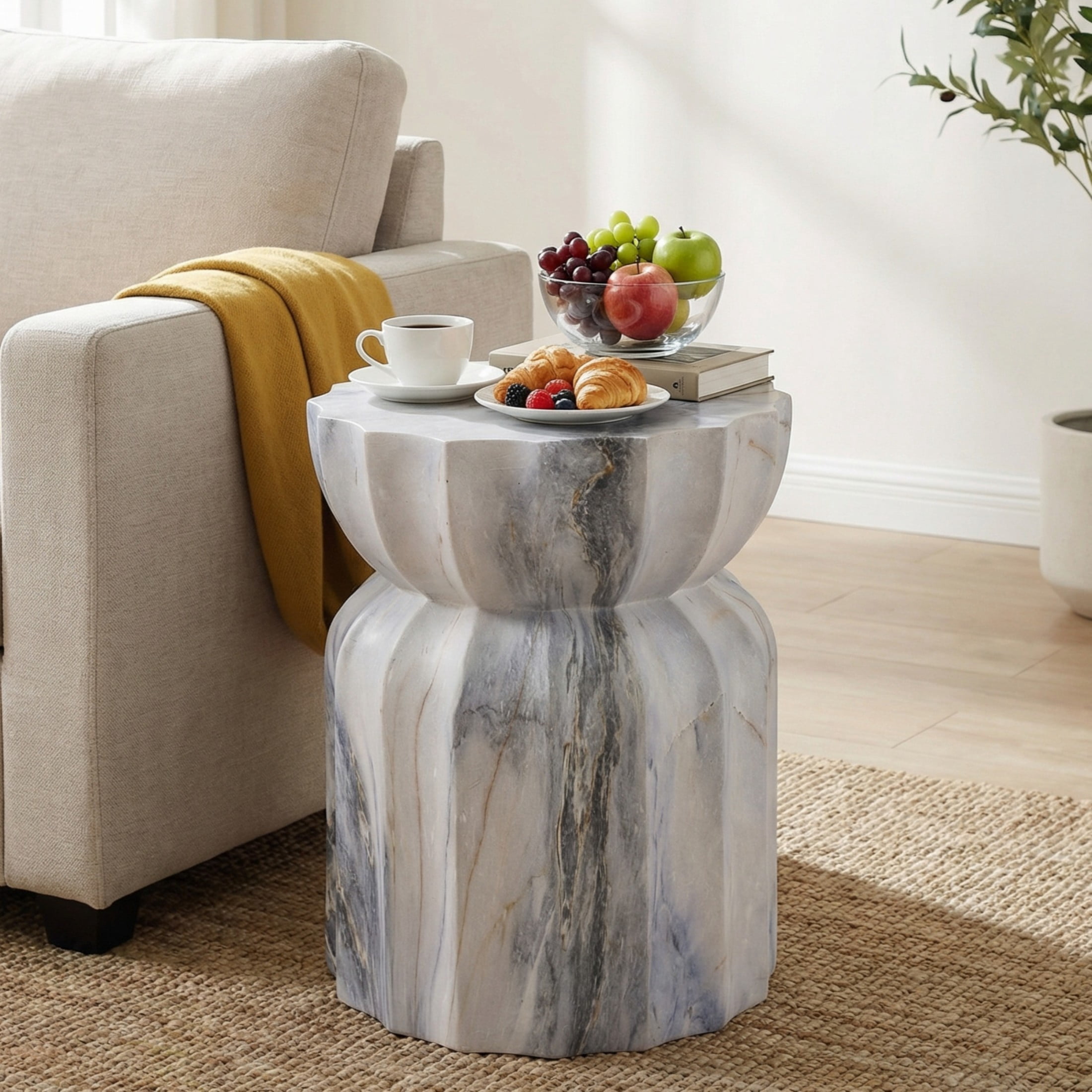 Christopher Knight Home 18.9" Lightweight Concrete Fluted Hourglass Accent Side Table, Blue Marble