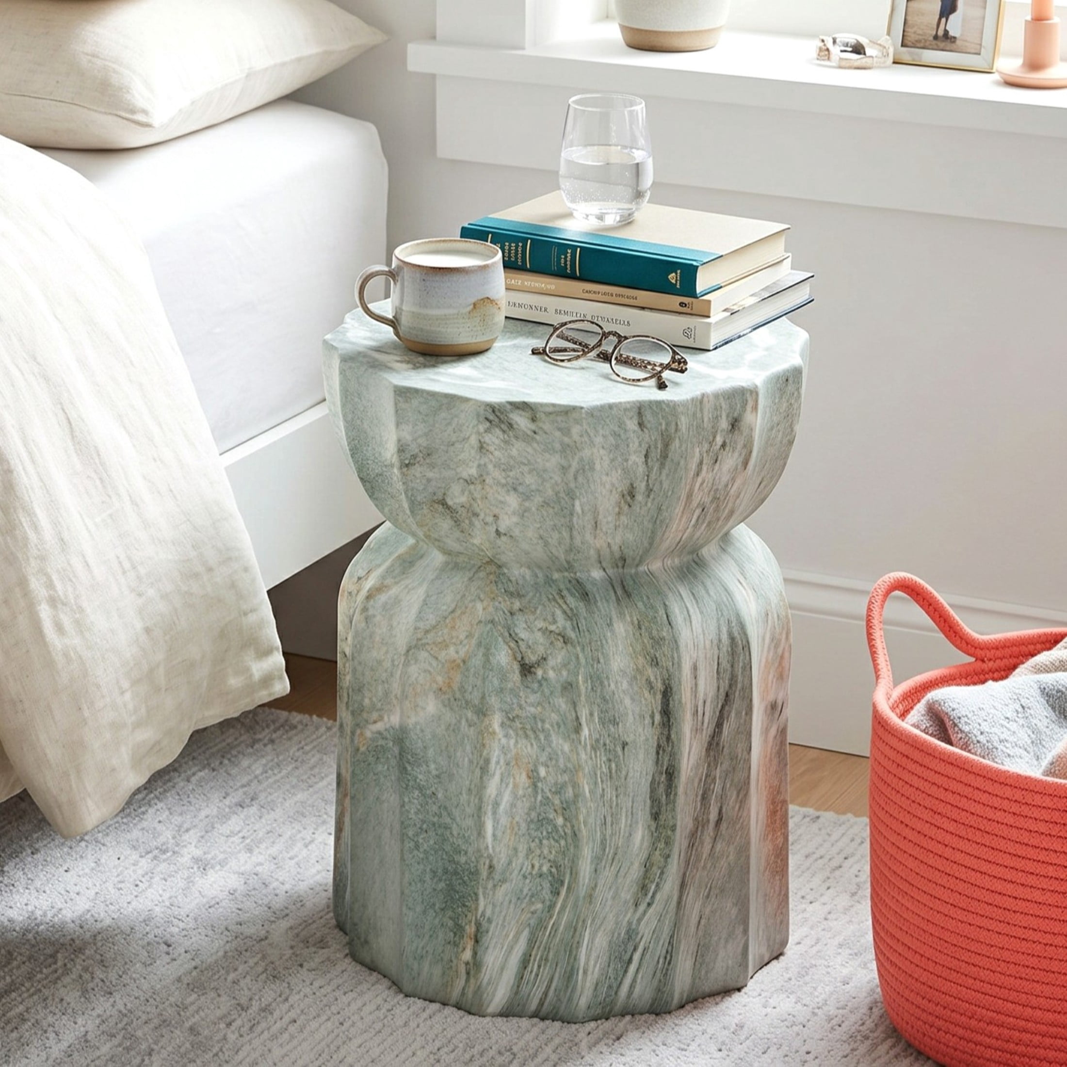 Christopher Knight Home 18.9" Lightweight Concrete Fluted Hourglass Accent Side Table, Green Marble