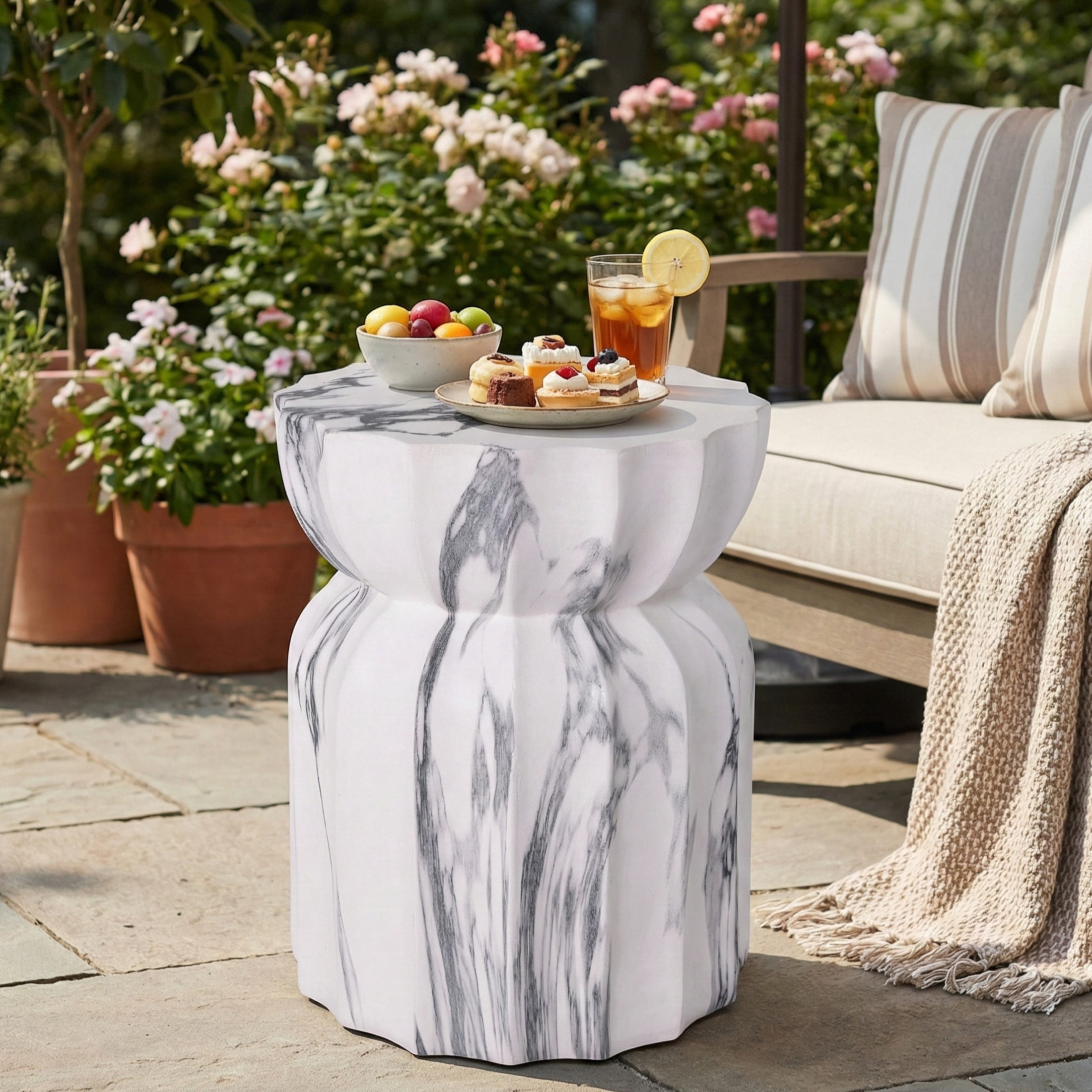 Christopher Knight Home 18.9" Lightweight Concrete Fluted Hourglass Accent Side Table, Marble