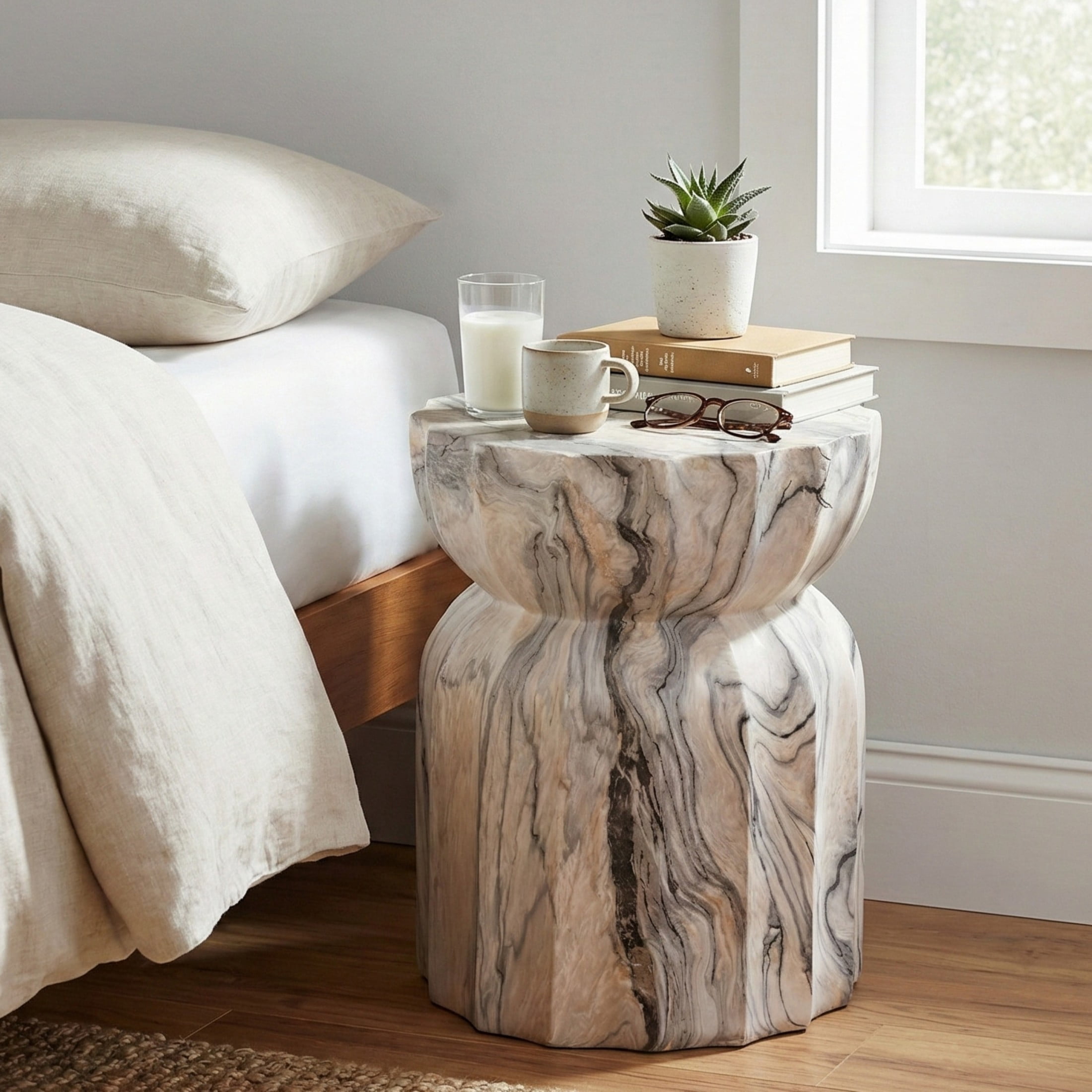 Christopher Knight Home 18.9" Lightweight Concrete Fluted Hourglass Accent Side Table, Natural Ink Marble