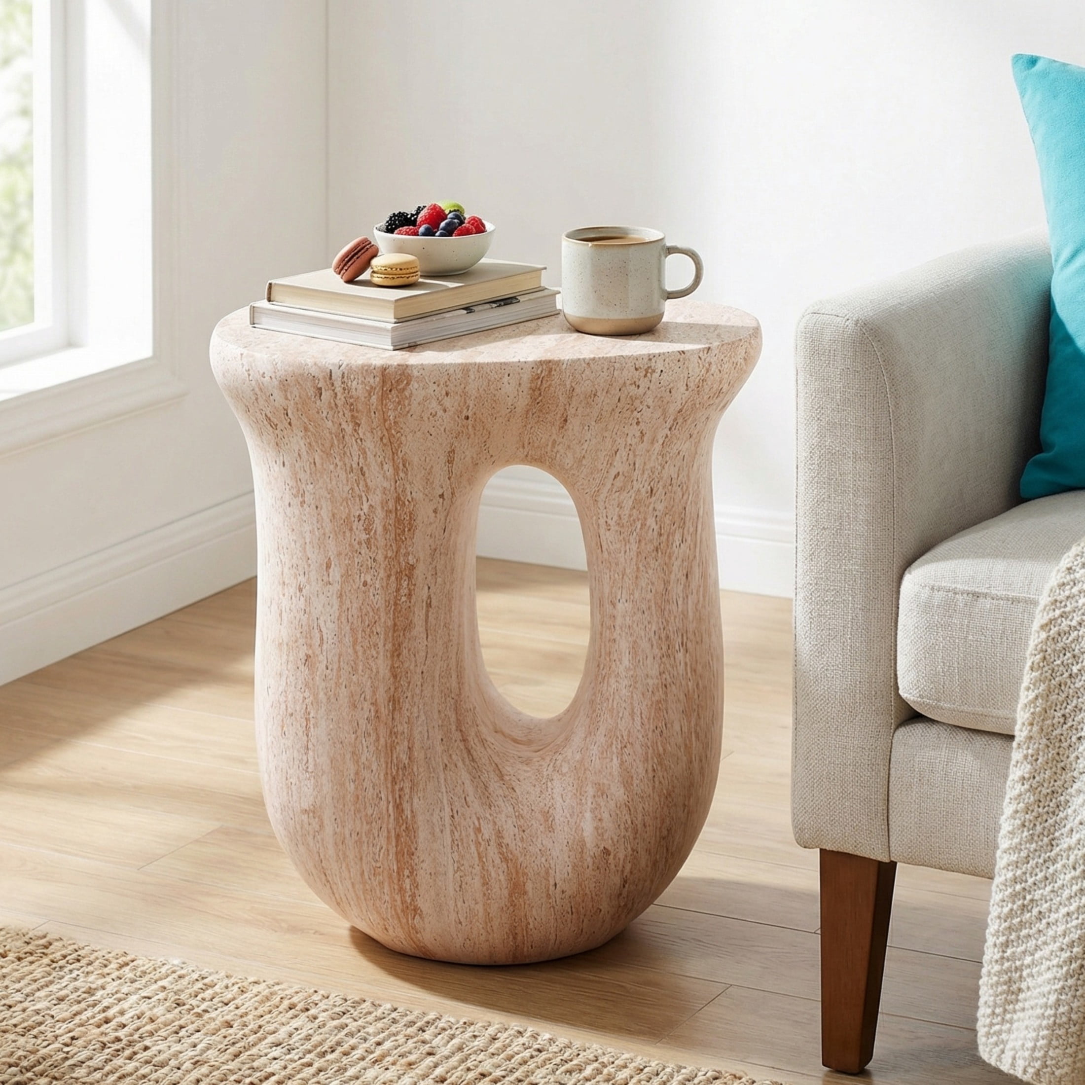 Christopher Knight Home 18.9" U-Shaped MGO Stone Marble Accent Side Table, Indoor Outdoor Use, Beige
