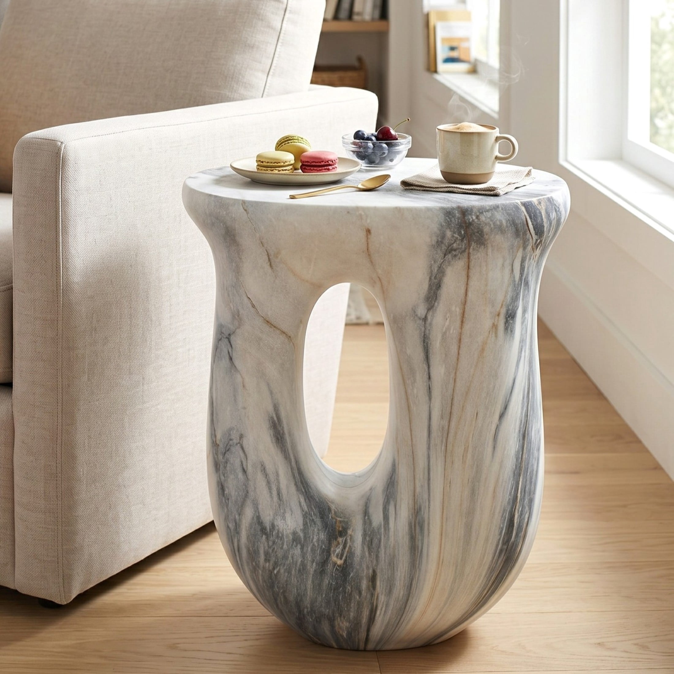 Christopher Knight Home 18.9" U-Shaped MGO Stone Marble Accent Side Table, Indoor Outdoor Use, Blue
