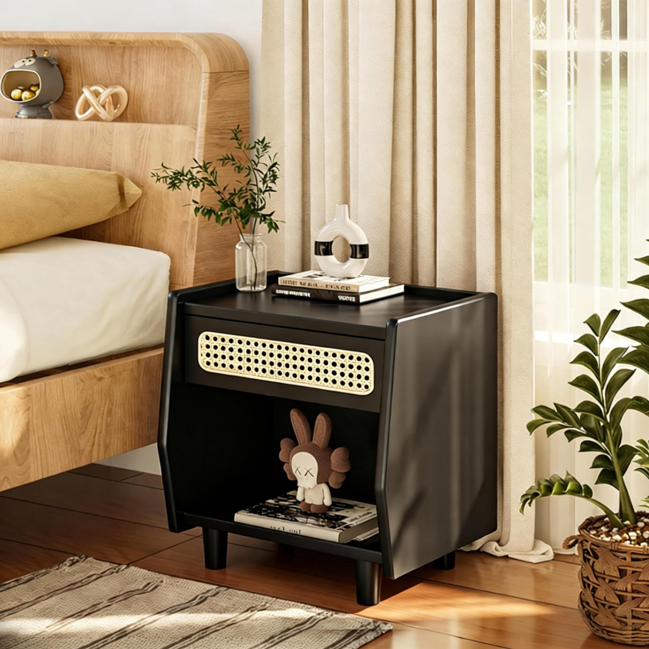 Christopher Knight Home 18.9"W Modern Nightstand, Bedside Table with Rattan Accent Drawer, Black