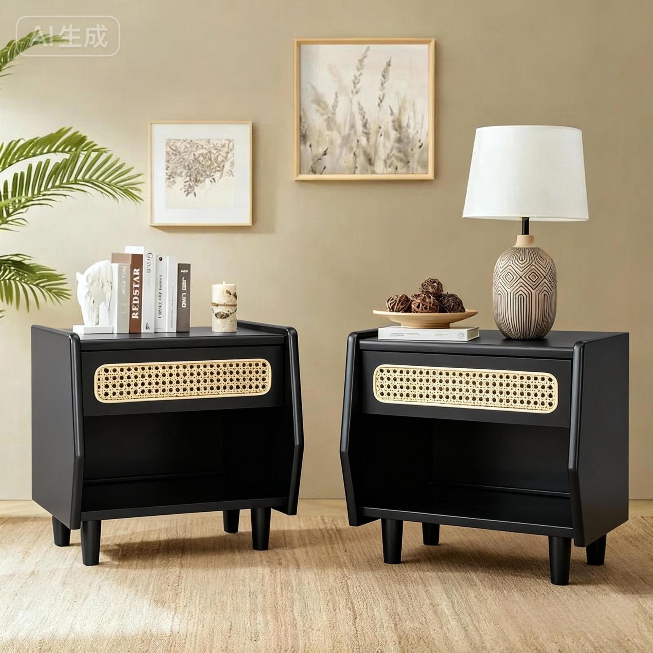 Christopher Knight Home 18.9"W Modern Nightstand, Bedside Table with Rattan Accent Drawer Set of 2, Black