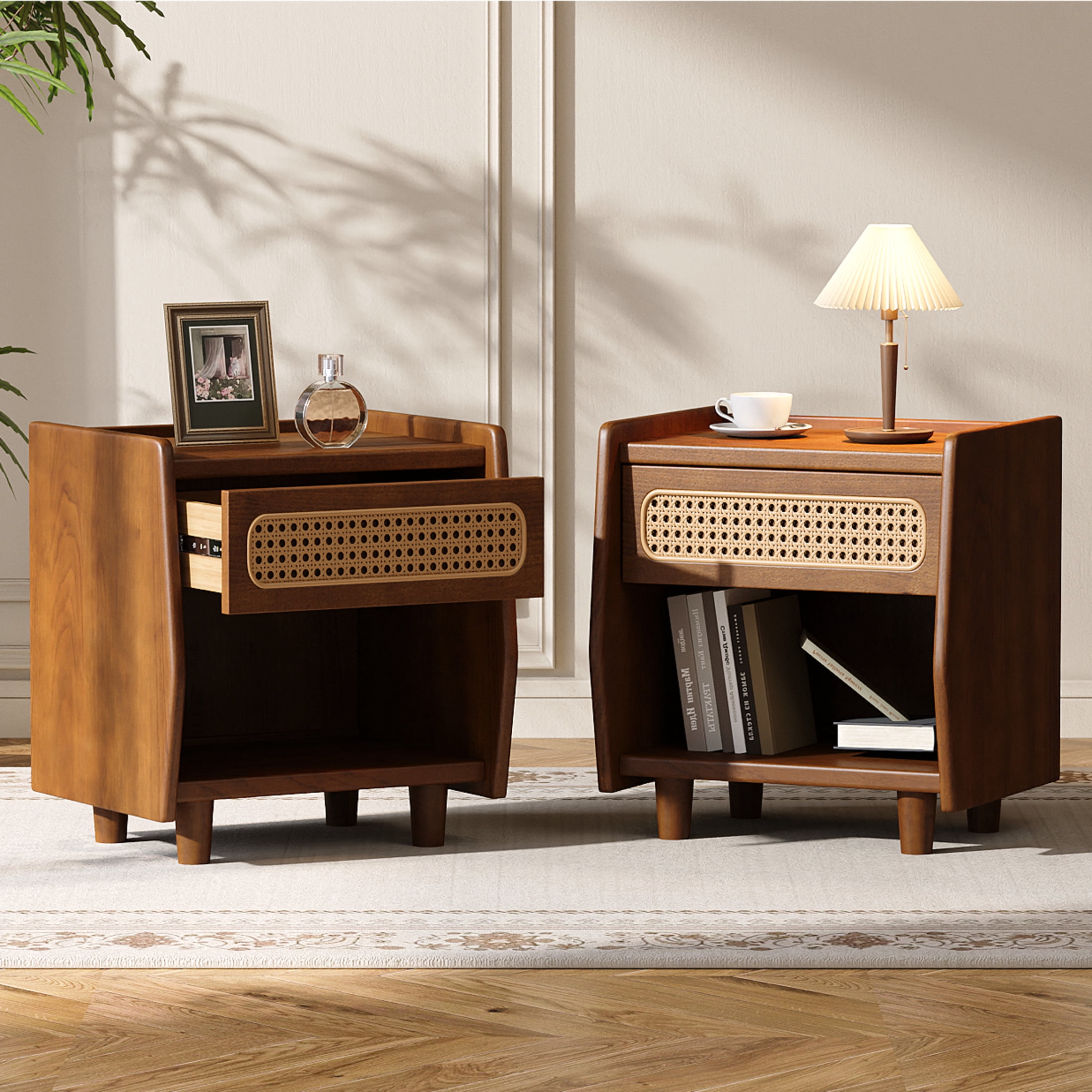 Christopher Knight Home 18.9"W Modern Nightstand, Bedside Table with Rattan Accent Drawer Set of 2, Walnut