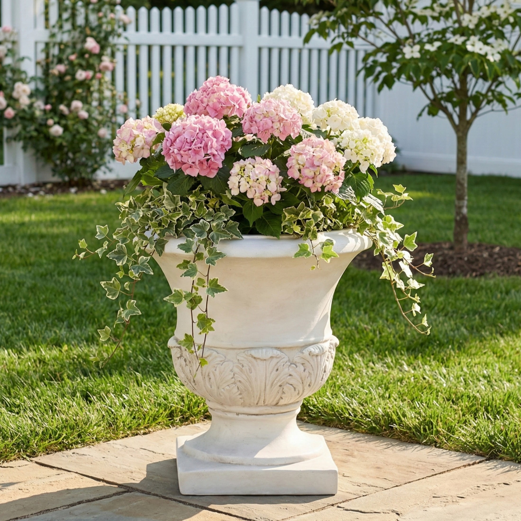 Christopher Knight Home 18" Classical Pedestal Urn Planter, Outdoor Acanthus Leaf Flower Pot, Antique White