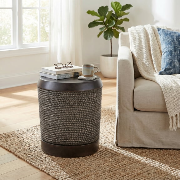 Christopher Knight Home 18" Outdoor Simulated Braided Cord MGO Side Table with Vintage Trim, Dark Brown