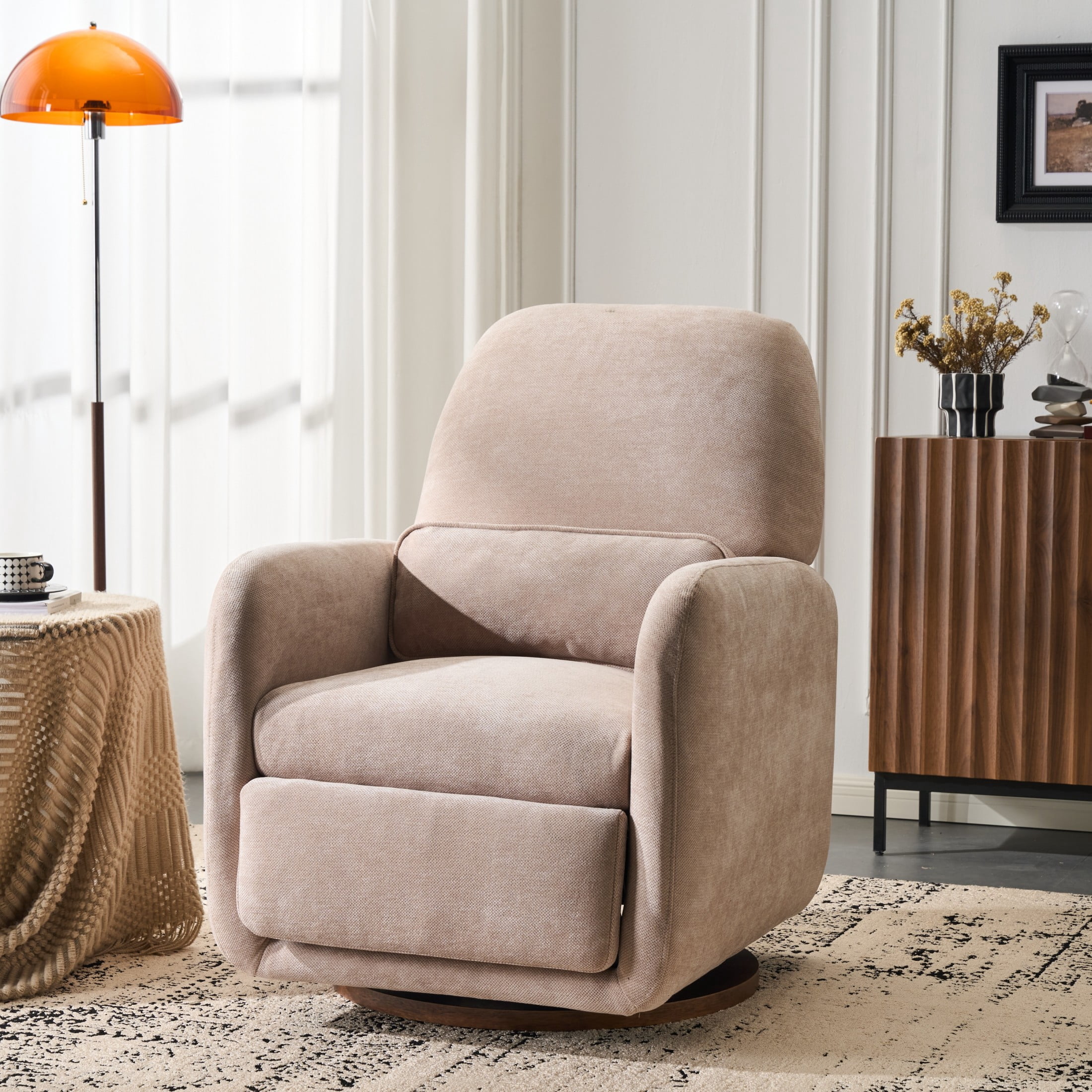 Christopher Knight Home 180° Power Swivel Recliner Chair with Wood Base and Lumbar Pillow, Almond