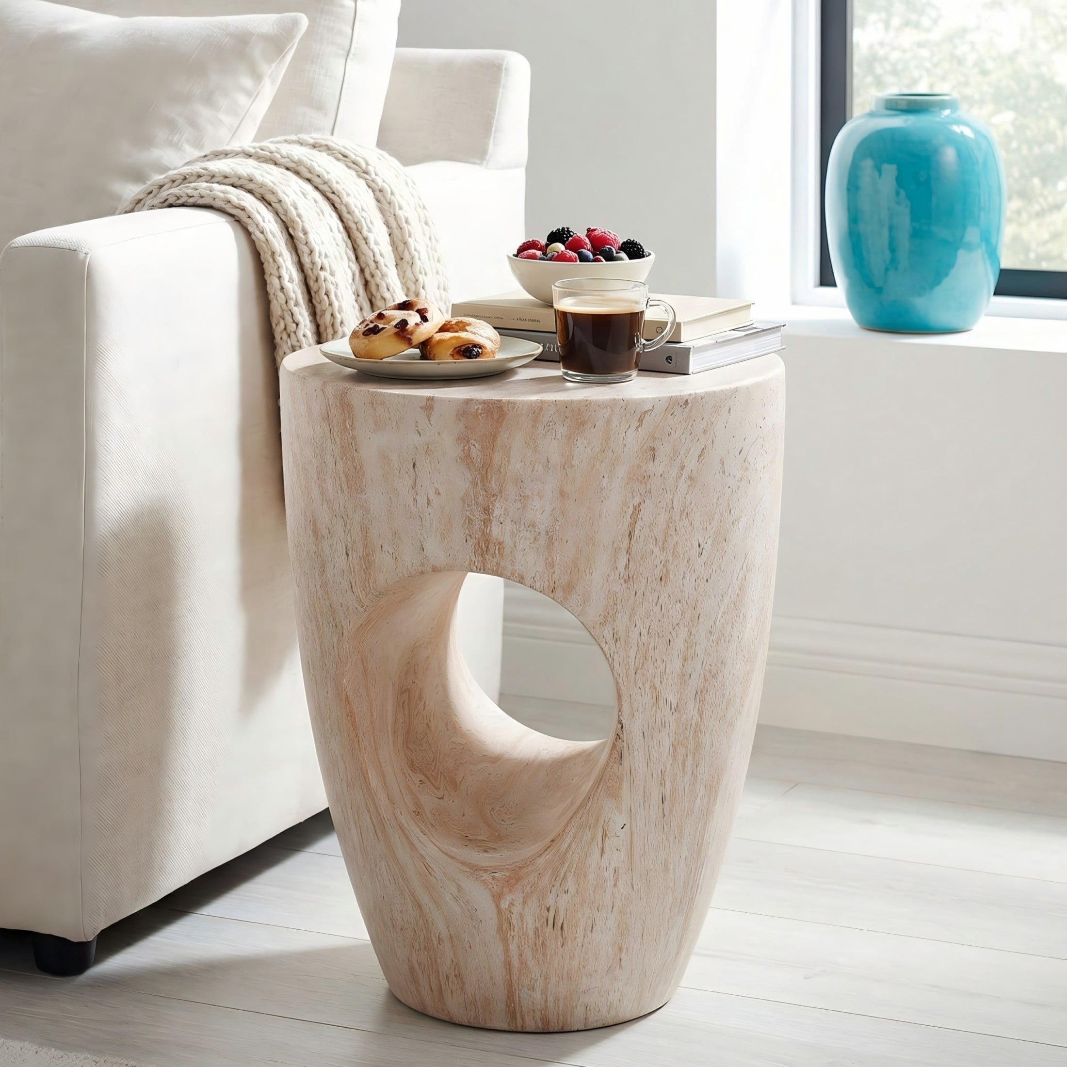 Christopher Knight Home 19.29" Modern Round Faux Marble Accent Side Table, Indoor Outdoor Use, Beige