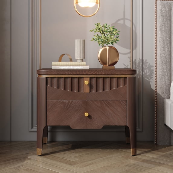 Christopher Knight Home 2-Drawer Nightstand, Bedside Table with Gold Metal Button Handles, Brown