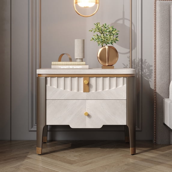 Christopher Knight Home 2-Drawer Nightstand, Bedside Table with Gold Metal Button Handles, Grey
