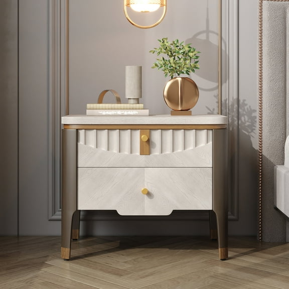Christopher Knight Home 2-Drawer Nightstand, Bedside Table with Gold Metal Button Handles, Grey
