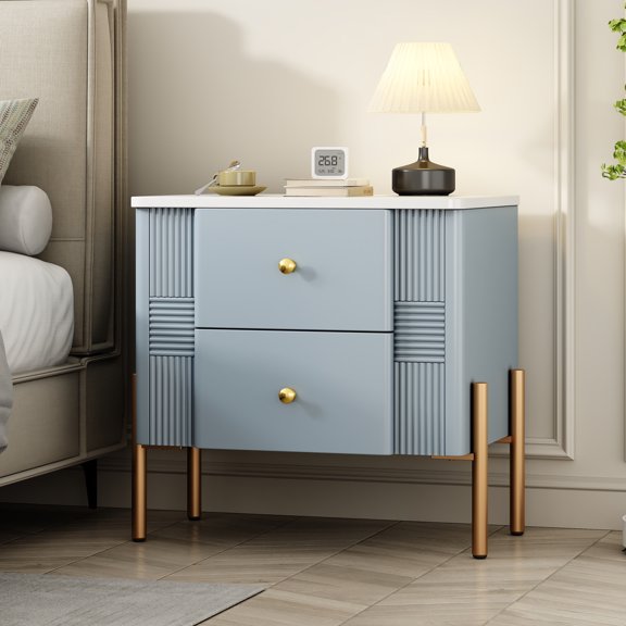 Christopher Knight Home 2-Drawer Nightstand, Bedside Table with Gold Metal Handles and Legs, Blue