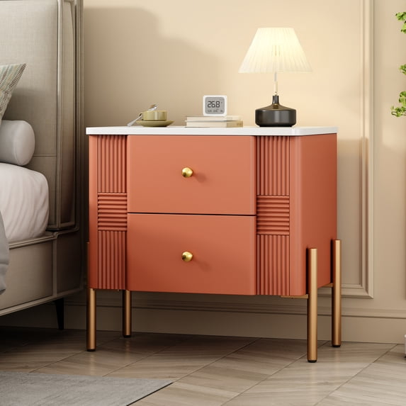 Christopher Knight Home 2-Drawer Nightstand for Adults, Gold Metal Handles, Orange