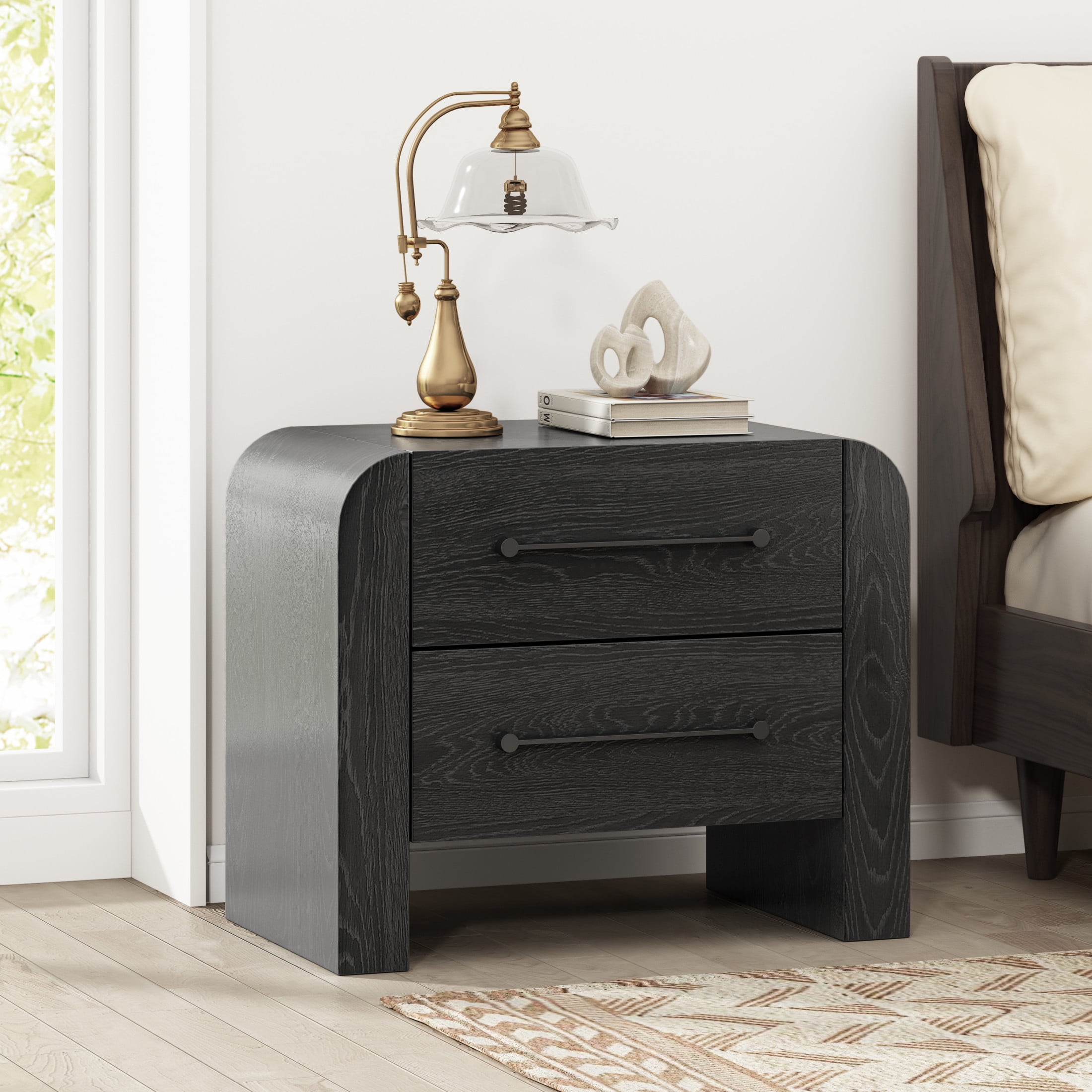 Christopher Knight Home 2-Drawer Nightstand, Modern Bedside Table with Metal Handles and Storage, Black