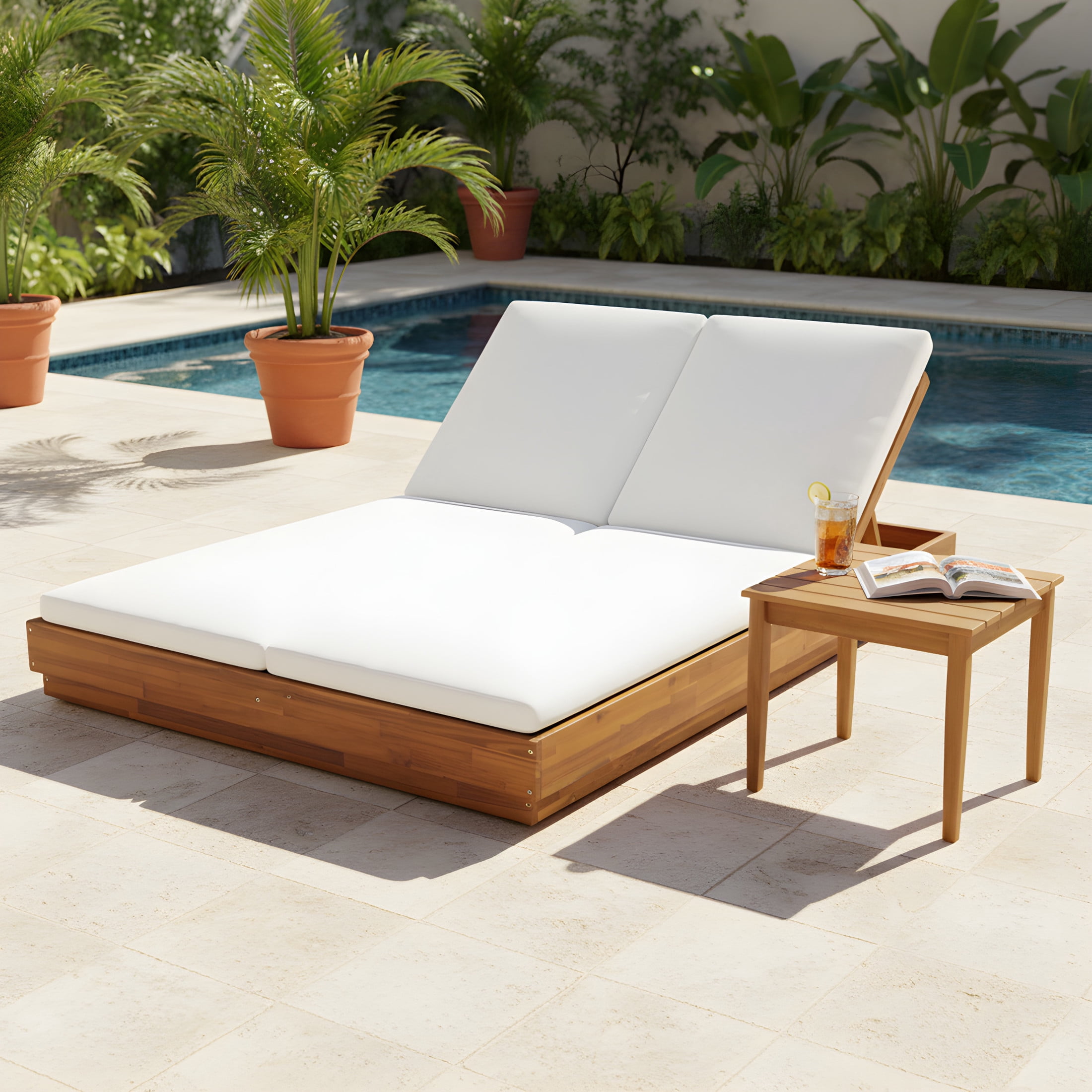 Christopher Knight Home 2-Piece Acacia Wood Adjustable Double Chaise Lounge with 20" Side Table, Natural